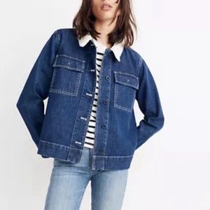 Madewell Northward Denim Cropped Army Jean Jacket - Sherpa Edition (Medium)